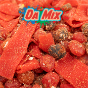 close up photo of Da Mix flavor showing busrts and strawberry belts gummy covered in li hing and lemon peel