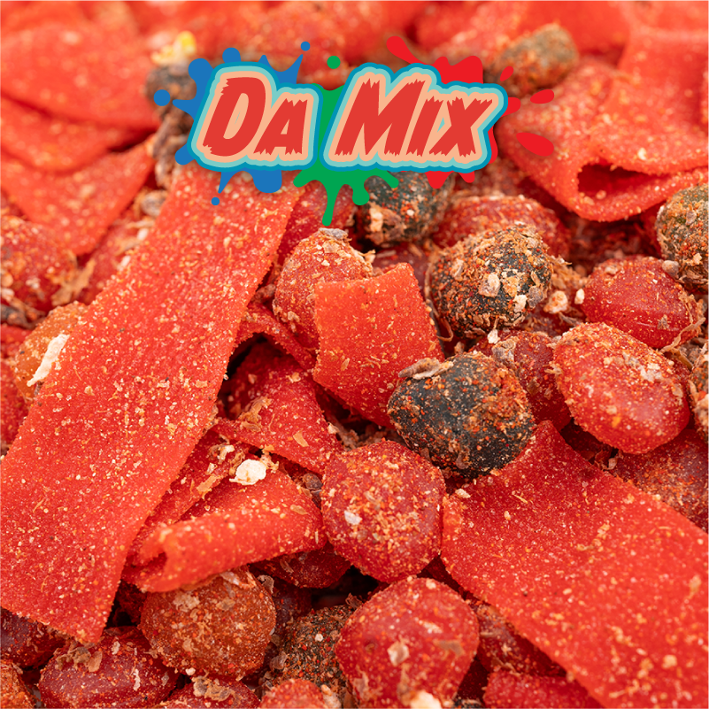 close up photo of Da Mix flavor showing busrts and strawberry belts gummy covered in li hing and lemon peel