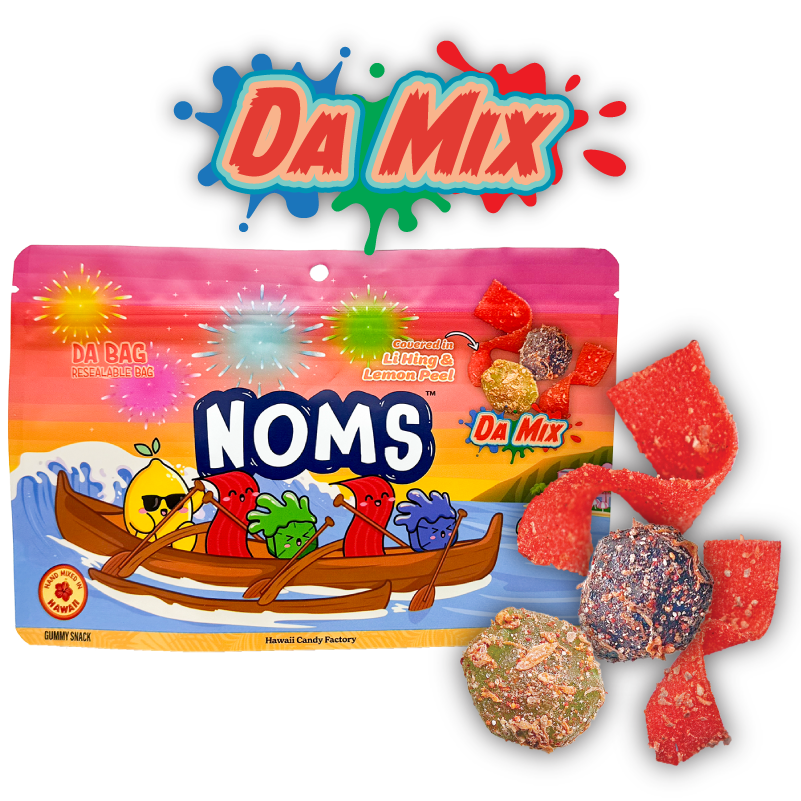 Da Mix flavor (bursts and strawberry belts mix) packaging and gummy candy covered in li hing and lemon peel