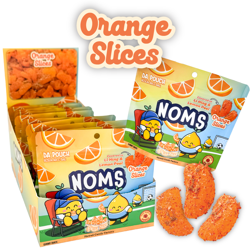 Photo of Noms Orange Slices Case of 10 Pouches showing gummies shaped as orange slices covered in li hing powder and lemon peel.