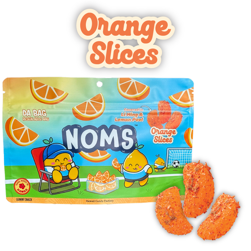 Photo of Noms Orange Slices Da Bag size gummies shaped as orange slices covered in li hing powder and lemon peel.