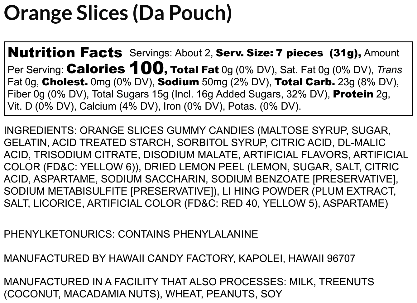 Nutrition Fact Label for Noms Orange Slices Da Pouch Size